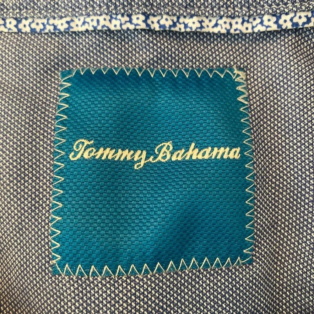 Tommy Bahama Shirt Mens Sz‎ XL Blue White Woven Cotton Button Up Pocket